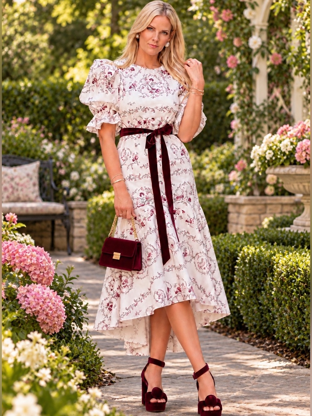 Antonio Melani x Nicola Bathie Emilia Floral Print Puff-Sleeves Midi Dress